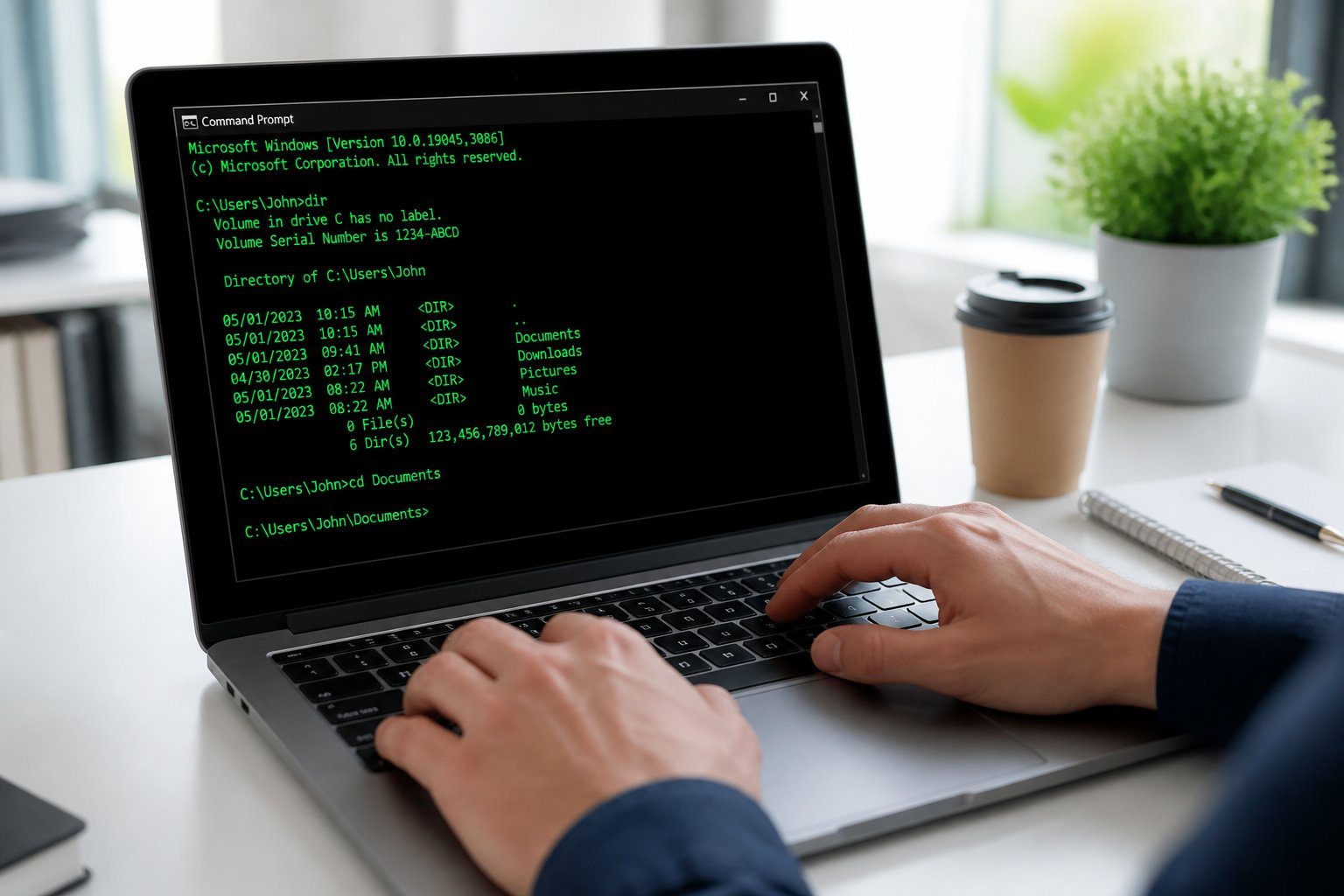 Pessoa digitando comandos no prompt de comando do Windows em um laptop em uma mesa de escritório organizada.