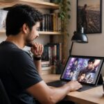 Pessoa jovem lendo manhwa em um tablet em um ambiente confortável e bem iluminado, com livros e objetos relacionados em uma mesa organizada.