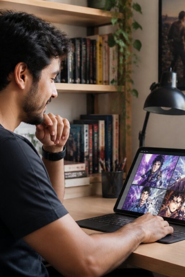 Pessoa jovem lendo manhwa em um tablet em um ambiente confortável e bem iluminado, com livros e objetos relacionados em uma mesa organizada.