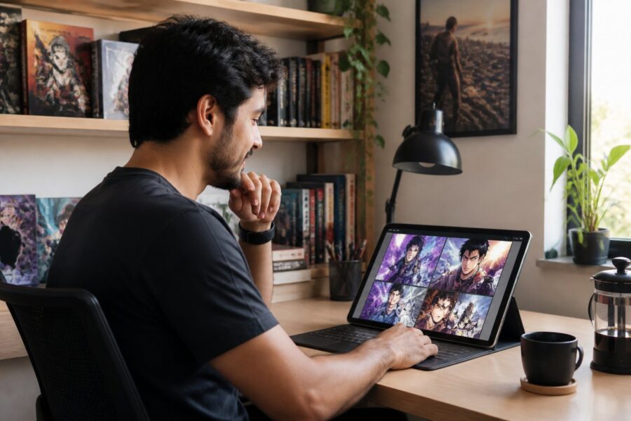 Pessoa jovem lendo manhwa em um tablet em um ambiente confortável e bem iluminado, com livros e objetos relacionados em uma mesa organizada.