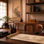 Uma sala de estudo japonesa serena com uma mesa de madeira, pergaminho antigo aberto, pincéis de caligrafia, árvores bonsai e um conjunto de chá em cerâmica.