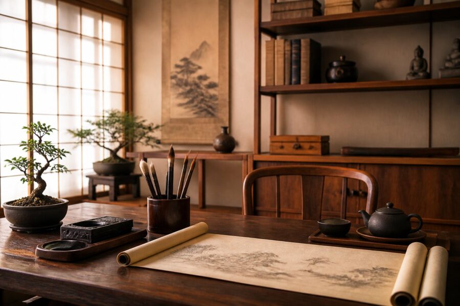 Uma sala de estudo japonesa serena com uma mesa de madeira, pergaminho antigo aberto, pincéis de caligrafia, árvores bonsai e um conjunto de chá em cerâmica.