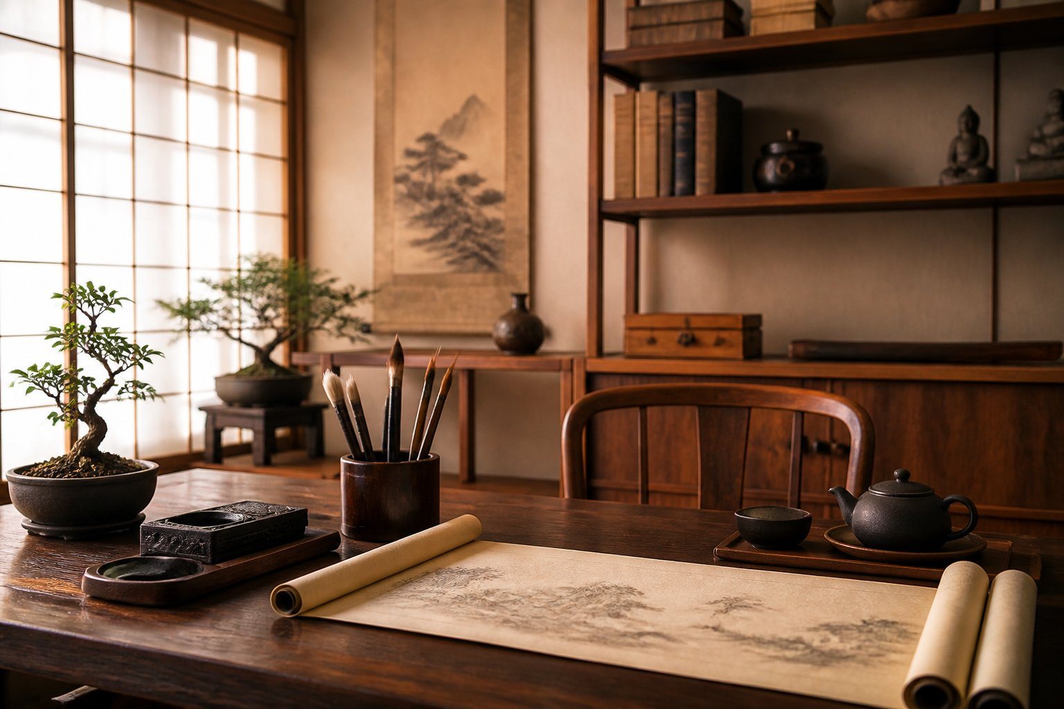 Uma sala de estudo japonesa serena com uma mesa de madeira, pergaminho antigo aberto, pincéis de caligrafia, árvores bonsai e um conjunto de chá em cerâmica.
