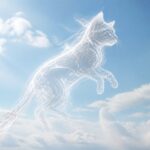 Um animal translúcido e etéreo flutuando no ar, com um céu claro e nuvens ao fundo.