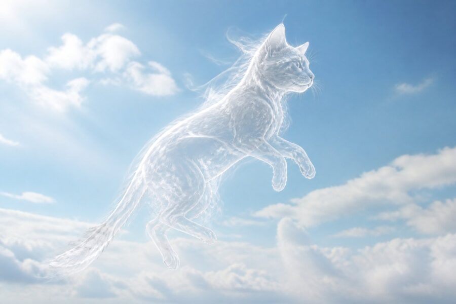 Um animal translúcido e etéreo flutuando no ar, com um céu claro e nuvens ao fundo.