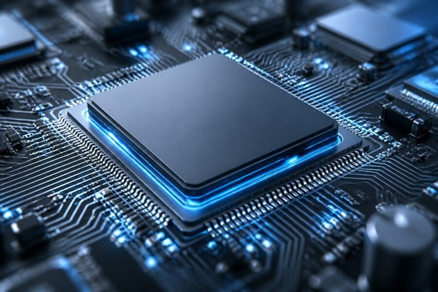Imagem em close de um processador octa-core Snapdragon em uma placa-mãe eletrônica.