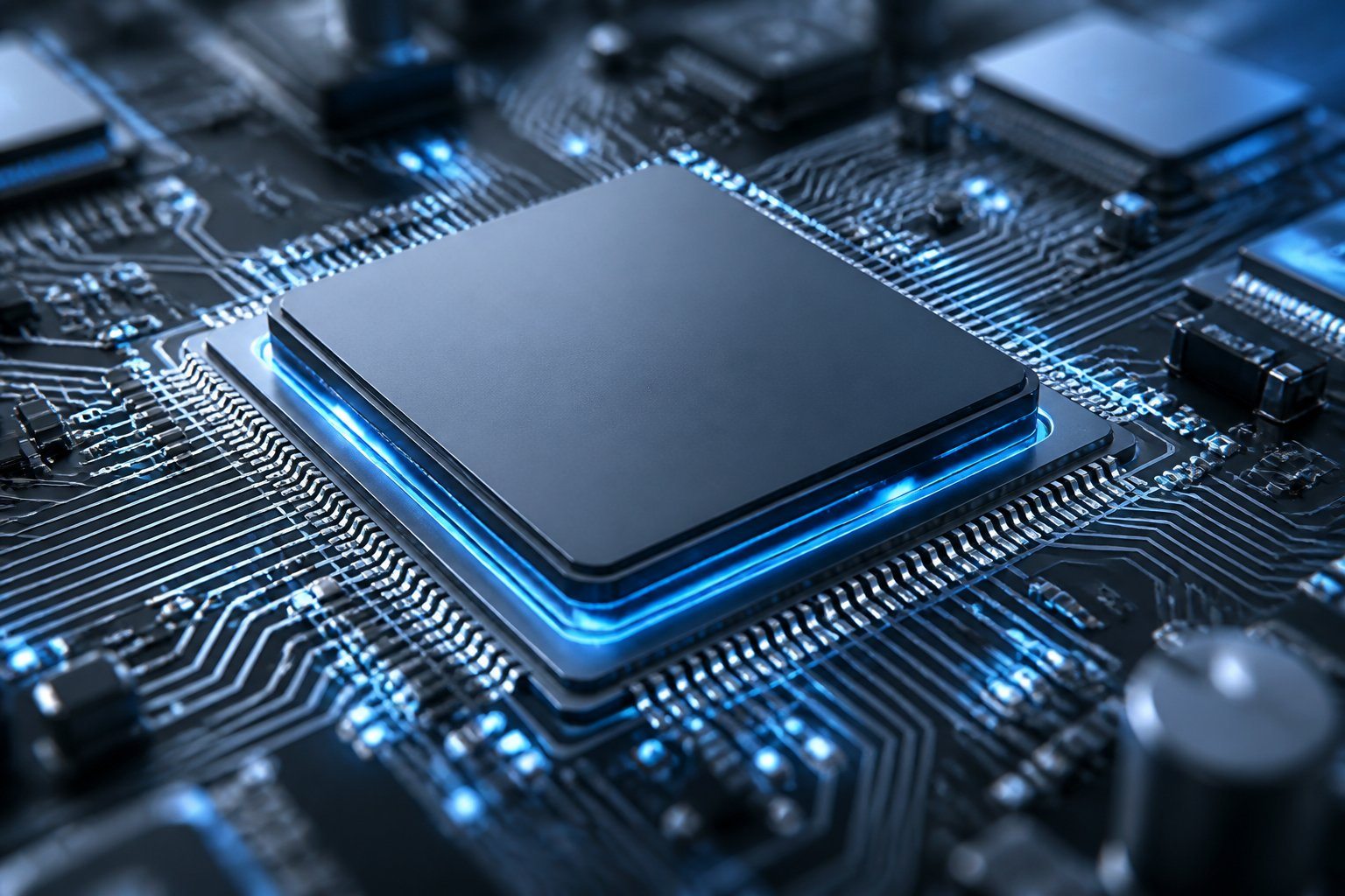 Imagem em close de um processador octa-core Snapdragon em uma placa-mãe eletrônica.