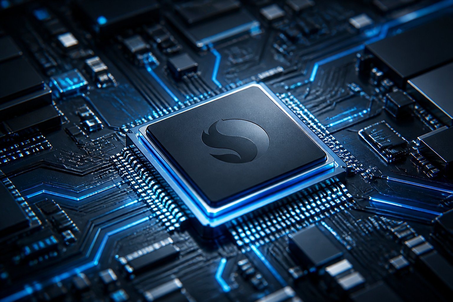 Close-up do chip de um processador octa-core Snapdragon dentro de um smartphone, mostrando detalhes do circuito eletrônico.
