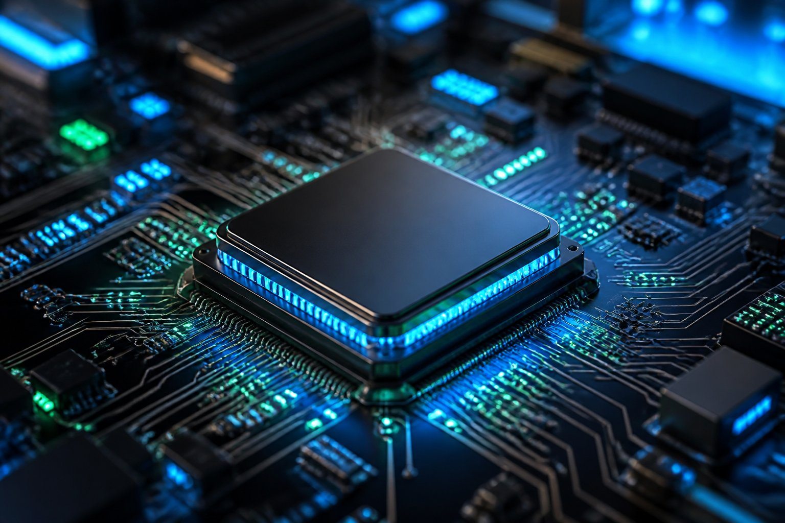 Close-up de um processador octa-core Snapdragon em uma placa-mãe com circuitos e luzes LED.